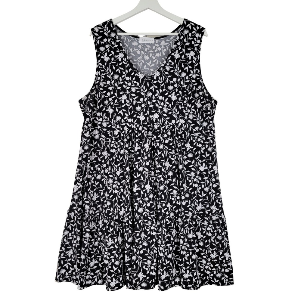 Kaileigh Tiered‎ Sleeveless V-Neck Dress Women 2X Black White Floral Knit